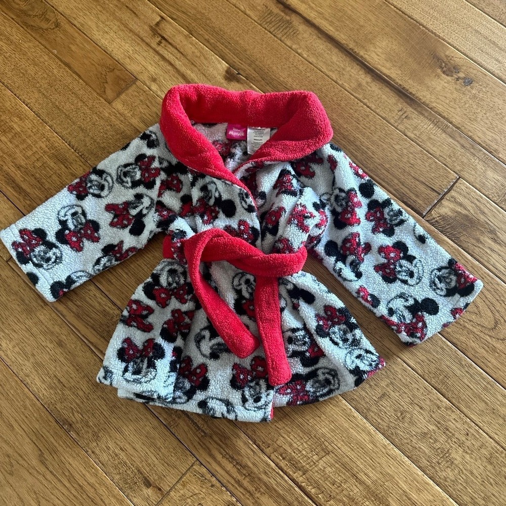 Disney Junior Toddler 2T Bathrobe Red Minnie Mouse Fleece Tie Waist Cozy Robe